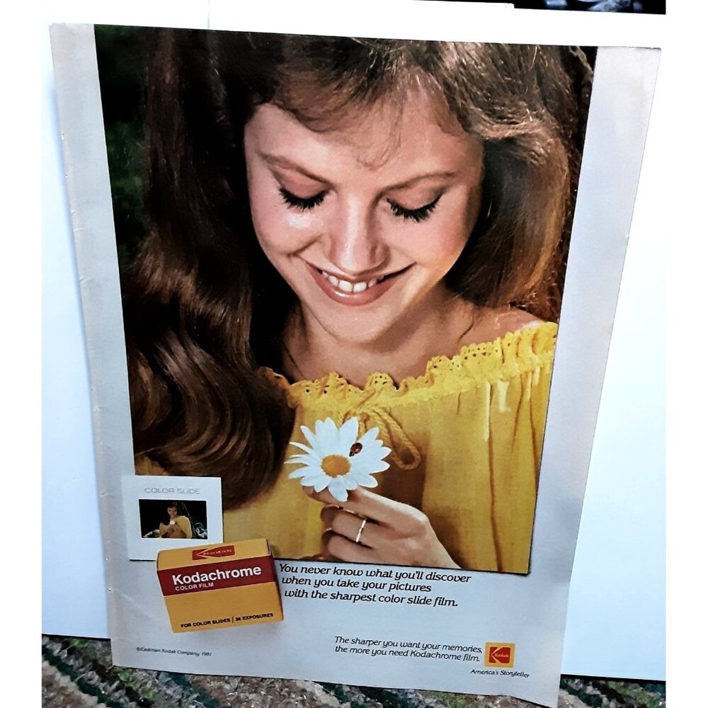 1981 Kodak Kodachrome Film Woman WIth Flower Original Print Ad
